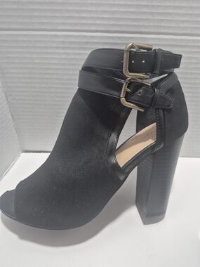 Shoe Dazzle Black Peep-Toe Cutout Ankle Boot with Double Buckles